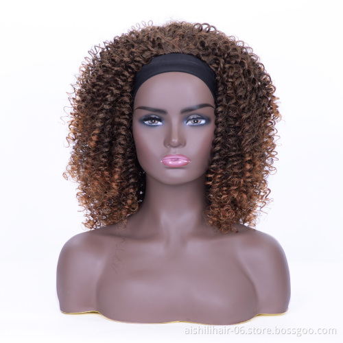 wholesale black headband wig light brown kinky curly wigs synthetic fiber for black women